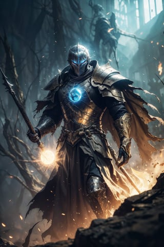 (best quality), (4K, HDR), (story),  Close-up of a knight, his armor battered but his eyes fierce, holding a staff with a glowing, magical orb.
dark fantasy, 