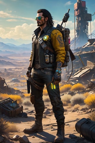 (8k HDR), (masterpiece, best quality), 

"Visualize Johnny Silverhand from Cyberpunk 2077 adapted into the Fallout universe as a rugged wasteland wanderer. He dons a patched-up leather jacket with radiation-resistant lining, adorned with various faction pins and badges from the Fallout world. His iconic cybernetic arm has been further modified with attachments useful for survival in the wasteland, including a Geiger counter and a built-in pip-boy interface. Strapped to his back is a makeshift electric guitar, cobbled together from old world tech and scrap parts. He navigates a rocky terrain littered with the debris of fallen airships and distant views of dilapidated structures, his gaze fixed on the horizon, a defiant symbol of survival and resistance against the chaos of the wasteland."

dark atmosphere, vibrant colors, (various camera shots), depth of field, 2D