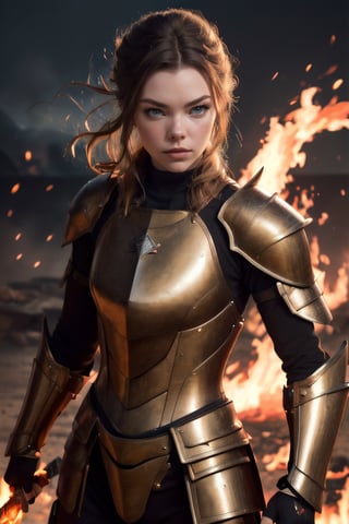 Highres, best quality, extremely detailed, area lighting in background, HD, 8k, extremely intricate:1.3), (cowboy shot), Painting, Anya Taylor Joy, fire dragon, hazel eyes, partial damage, (fire forming on the body to form armor:1.2), (duel titanium swords:1.2),GlowingRunes_blue, runes on stomach (fire dragon in the background)