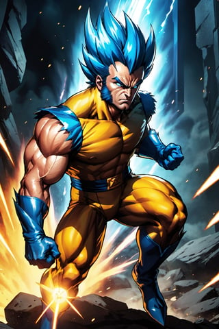 (8k HDR), (masterpiece, best quality), 

"Create an image depicting Wolverine from the X-Men transformed into a Super Saiyan from Dragon Ball Z. Wolverine’s rugged, muscular physique is augmented by the distinct golden aura and fiery energy characteristic of a Super Saiyan. His hair, typically dark and wild, is now spiked dramatically upward and glows with a brilliant golden hue, while his eyes blaze with the intense blue of Super Saiyan power. His costume merges his classic yellow and blue suit with the torn, battle-worn style of Saiyan armor, including a torn blue jumpsuit and a golden chest plate designed to accommodate his bulging muscles and expanding frame during transformation. Wolverine's adamantium claws are extended, shimmering with a mystical, ki-infused light, as if ready to cut through any enemy with enhanced, energy-charged strikes. The backdrop shows a devastated battlefield, reminiscent of the Planet Namek, with craters and explosions, highlighting the destructive power of his new abilities."

dark atmosphere, vibrant colors, (various camera shots), depth of field, 2D