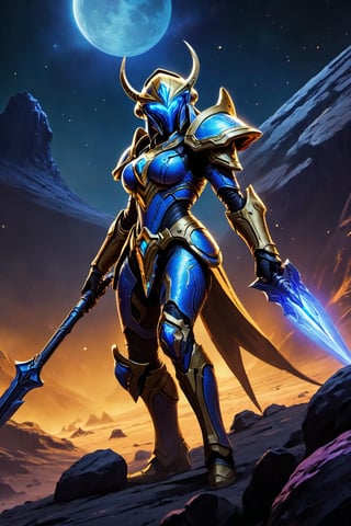 (8k UDR), (masterpiece, best quality), ((Comic Art style)), 

Create an image of a female Protoss warrior from the video game Starcraft engaged in a fight with a Terrain Space Marine, on a desolate moon near a volcanic planet, 

dark atmosphere, vibrant colors, (various camera shots), depth of field, 2D