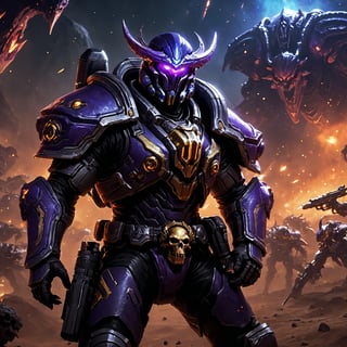 (8k UDR), (masterpiece, best quality), ((Starcraft)), 

Create an image of a Space Cowboy ranger on a Zerg infested world, he will be duel wielding two space revolvers, standing his ground on the remains of a dead world, (quality camera shots), portrait, dark atmosphere, vibrant colors, depth of field, ,HellAI,fire,skull,monster