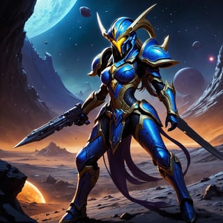 (8k UDR), (masterpiece, best quality), ((Comic Art style)), 

Create an image of a female Protoss warrior from the video game Starcraft engaged in a fight with a Terrain Space Marine, on a desolate moon near a volcanic planet, 

dark atmosphere, vibrant colors, (various camera shots), depth of field, 2D