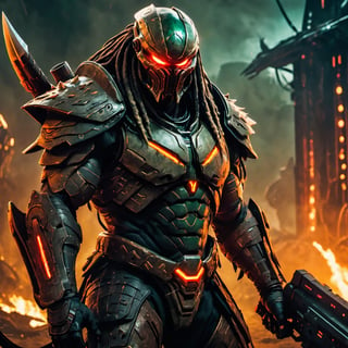 (8k HDR), (masterpiece, best quality), 

"Generate an image of a hybrid warrior combining Doom Guy and a Predator. This fearsome character wears a battle-worn, futuristic suit resembling Doom Guy's iconic armor, now integrated with Predator's distinctive bio-mask and dreadlocks. The armor is heavy, engraved with alien symbols and equipped with an advanced shoulder-mounted plasma caster. The warrior's hands grip a massive, serrated blade that echoes the brutal aesthetic of both universes. His eyes, visible through the slits in the mask, glow with a menacing red light. Set in a dark, dystopian landscape littered with the remnants of demonic and alien foes, this ultimate hunter stands poised for combat, surrounded by a faint, eerie mist and the dim glow of distant fires."

dark atmosphere, vibrant colors, depth of field, 2D