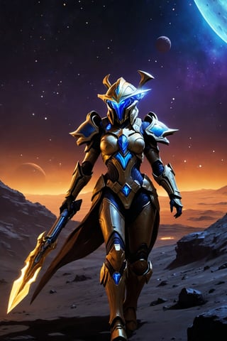 (8k UDR), (masterpiece, best quality), ((Comic Art style)), 

Create an image of a female Protoss warrior from the video game Starcraft engaged in a fight with a Terrain Space Marine, on a desolate moon near a volcanic planet, 

dark atmosphere, vibrant colors, (various camera shots), depth of field, 2D