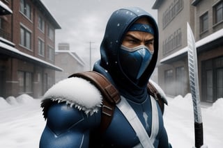 (masterpiece), best quality, ((perfect face)), Sub-zero from Mortal Kombat, holding an Ice axe, white and blue ninja suit, Snow storm in the background