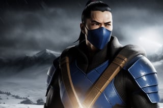 (masterpiece), best quality, ((perfect face)), Kuai-Liang from Mortal Kombat, holding an Ice axe, ligth blue ninja suit, Snow storm in the background, scar in rigth eye