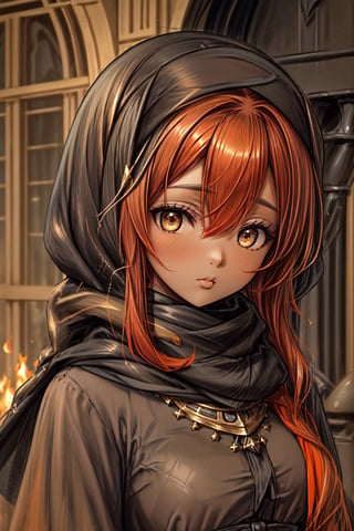 ((dark skin, ebony:1)),(masterpiece, best quality), expressive eyes, perfect face, xyzabcheadscarf, woman wearing golden hijab, golden eyes, red hair, ((hair_between_eyes)), sad, pout, cute, Fatimid dynasty, fire, orange aura, realistic, high quality, highres