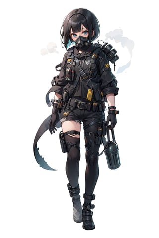 character design, full_body, (masterpiece), science fiction, ToxicPunkAI, 1girl, black hair, bob_cut, tattered clothes, post-apocalypic_fashion, gas mask, white background