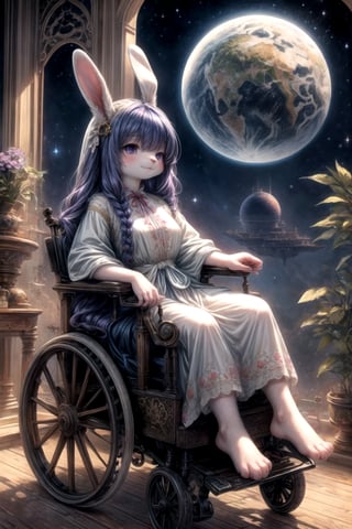 masterpiece, best quality, extremely detailed, nice hands, perfect anatomy, full_body, (anthro,furry,kemono), bunny, rabbit, animal ears, body fur, 
1girl, ((hair over one eye, bangs covering one eye, indigo hair,long hair)), (violet eyes), ((1910s clothes, black dress, embroidered indigo caftan, antique wood wheelchair, barefoot)), (planet earth in the sky), rabbit nose, observatory, stars, nighttime, white fur, steampunk, clockpunk, (delicate and graceful movements:1.3), (soft pastel colors:1.1), art_nouveau, art nouveau architecture, art nouveau designs,Hair over eyes