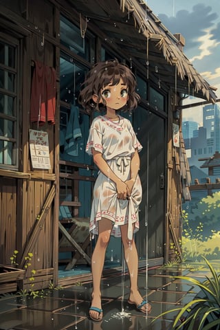 masterpiece, best quality, nice hands, 1girl, wearing tribal clothing, dark skin, dark brown hair, curly hair, short hair, messy hair, standing under awning, raining, apocalypse, city ruins, overgrown, overcast, morning, ghibli studio style,ghibli style,female,dark skin