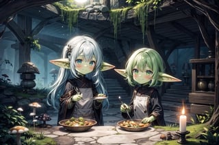 (masterpiece), best quality, fantasy, nature, (inside underground natural cavern), (stone, moss), (dark, night), bioluminescent mushrooms,2girls, (((goblin))) girls, blush, smile, nice hands, cooking, food, no humans,fate/stay background,ShroomPunkAI