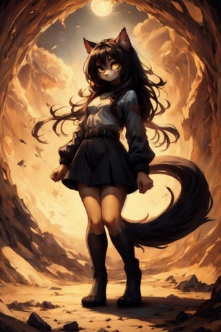 full_body, anthro, cat, girl, cute, black fur, yellow eyes, long hair, brown hair, dynamic, cartoon, thick lines, good colors, good composition, good lights,