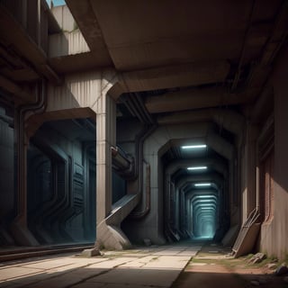 brutaltech, cement, scifi, hallway, industrial, dim