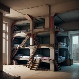 brutaltech, cement, scifi, barracks interior, bunk beds, indoors, dim