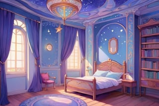 (soft pastel colors:1.1), art_nouveau, art nouveau architecture, art nouveau designs, watercolor \(medium\), cartoon, detailed, Otome game background CG, anime background art, interior, indoors, fantasy setting, illustration, masterpiece, best quality, high contrast, ambient light, no_human,
indigo bedroom, (((bed))), pillow, desk, books, bookshelves, round window, dark outside, curtains, astronomy decor, telescope, globe, stars, wooden floor, lamp_light, nighttime, indigo tone, gold accents,