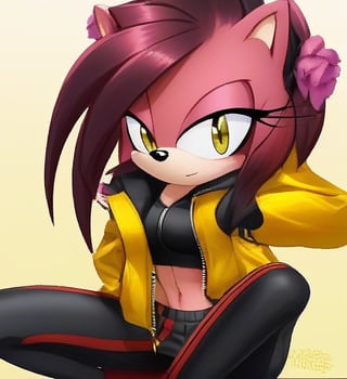 Female, amy rose, really long hair, hedgehog, dark skin, maroon hair, multicolor hair, bangs, (black track pants), (long sleeves), (front zipper), jacket, (yellow jacket), (Cropped jacket), (closed jacket), (black gloves), long boots, navel, yellow eyes, medium breasts, (((masterpiece)))
