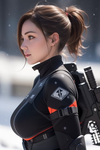 Special operation agent,  futuristic tactical black suite,  extra detailed,  detailed anatomy,  detailed face,  detailed eyes,  1 girl,  brown,  long brown hair,  brown eyes,  off shoulder,  snow blizzard,  strong wind,  planet expedition,  side view,  looking away,  half body,  various futuristic tactical weapons,  happy,  friendly,  flirty, futuristic high details rifle, advance scifi rifle, random pose