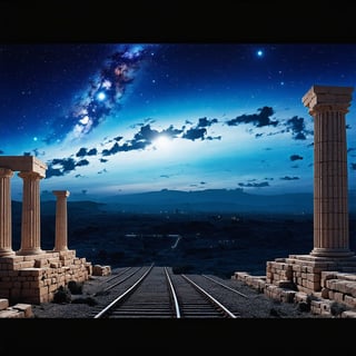 A high-quality hyperrealistic photograph of Milky Way over Karnak Temple in Egypt The photo shows an amazing night view of a starry sky with part of the Milky Way Galaxy in the middle. The scene is surrounded by large columns and ancient temples or structures, perhaps Egyptian or Greek temples, which are seen from bottom to top. In the upper right corner of the image there is a shining half moon, adding additional beauty to the night scene. The ancient columns and structures seem to perfectly highlight the stunning sky, creating a contrast between ancient history and the beauty of the universe. eco-friendly train, hyperrealistic,