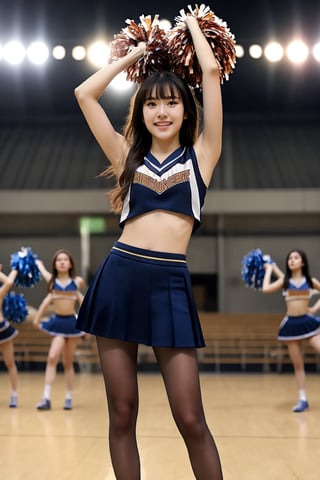 centered,eye contact, Detailedface, pose, black hair with bangs, look at viewer, bright smile, clearly brown eyes, longfade eyebrow, soft make up, ombre lips, hourglass body, medium breast, (cheerleader theme:1.5), finger detailed, background detailed,ambient lighting, extreme detailed, full body shot, realistic ilustration, (soothing tones:1.3), (hyperdetailed:1.2), girl1-den, black pantyhose,black_footwear