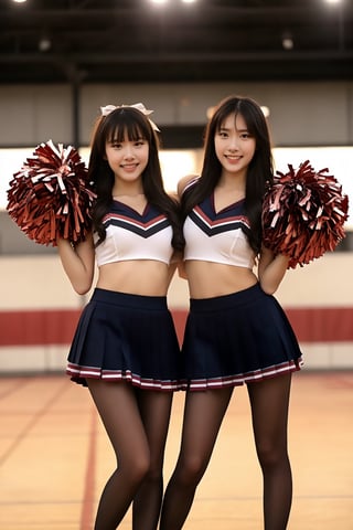 centered,eye contact, Detailedface, (3 girls:1.3) pose, black hair with bangs, look at viewer, bright smile, clearly brown eyes, longfade eyebrow, soft make up, ombre lips, hourglass body, medium breast, (cheerleader theme:1.5), finger detailed, background detailed,ambient lighting, extreme detailed, full body shot, realistic ilustration, (soothing tones:1.3), (hyperdetailed:1.2), girl1-den, black pantyhose,black_footwear