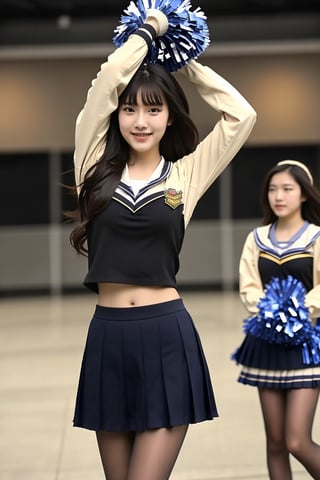 centered,eye contact, Detailedface, (3 girls:1.3) pose, black hair with bangs, look at viewer, bright smile, clearly brown eyes, longfade eyebrow, soft make up, ombre lips, hourglass body, medium breast, (cheerleader theme:1.5), finger detailed, background detailed,ambient lighting, extreme detailed, full body shot, realistic ilustration, (soothing tones:1.3), (hyperdetailed:1.2), girl1-den, black pantyhose,black_footwear