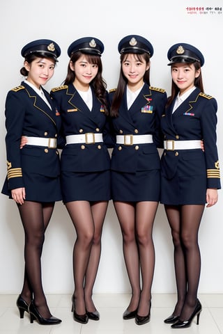 centered,eye contact,Detailedface, (group photo, multiple girls:1.3), standing, posing, hands on waist, photography, chromatic_background, photo booth studio, beautiful woman, female korean, female navy officer, navy military uniform, garrison cap, full body, smooth hands, big smiles, pantyhose, different hairstyles, Extremely Realistic, shoes_removed