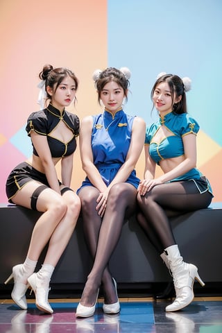 centered,eye contact,Detailedface, (group photo, 3 girls:1.3), sitting on colour boxes, photography, chromatic_background,beautiful woman, female korean, cosplay, chun-li costume, full body, smooth hands, big smiles, black pantyhose, white shoes, Extremely Realistic, chun li