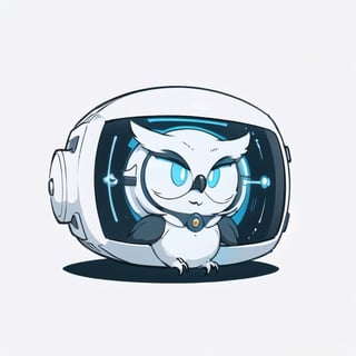 centered, ((solo)), digital art, full body, | cute of fluffy creature used owl face mask, chibi, white, black and blue sky futuristic, neon lights, | (white background:1.2), simple background, | (symetrical), Animal, big laboratory glasses , glowing eyes,neotech