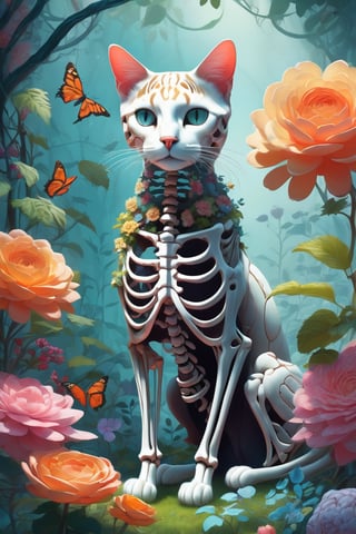 style by Michael Page, concept art cat skeleton in a blooming garden, fantastic plants . digital artwork, illustrative, painterly, matte painting, highly detailed, by IrinaKapi