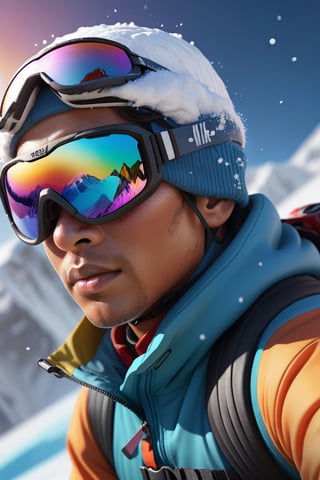 Skiing on Everest, skier skiing with mostly muted colors with a pop of color, ski vector art, Miki Asai Macro photography, close-up, hyper detailed, trending on artstation, sharp focus, studio photo, intricate details, highly detailed, by greg rutkowski Hyperrealistic, splash art, concept art, mid shot, intricately detailed, color depth, dramatic, 2/3 face angle, side light, colorful background