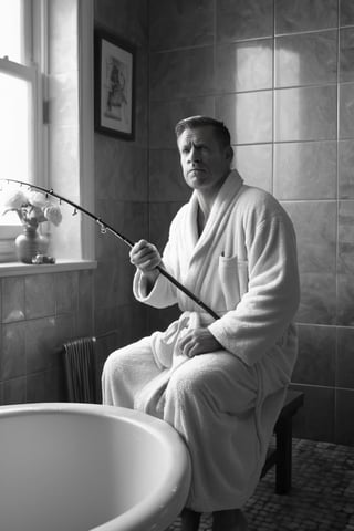 A 40-year-old man sits on the toilet in a bathrobe. fishing rod in hand who is fishing in the bathtub Atmosphere in the bathroom There was morning sunlight shining in. Black and white style, realistic images, high definition, 64K Epic cinematic brilliant stunning intricate meticulously detailed dramatic atmospheric maximalist digital matte painting