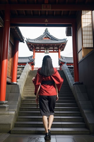 "A beautiful Japanese girl wearing a red and black kimono, holding a red umbrella, standing with her back turned, walking up the stairs to a Japanese temple. The stairs have 30 steps. There is rain falling. Rainy atmosphere. Real picture. High definition. 64K. Epic cinematic brilliant stunning intricate meticulously detailed dramatic atmospheric maximalist digital matte painting",Movie Still,Masterpiece,chinatsumura