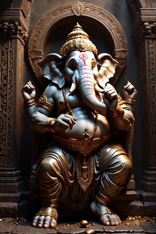 Create an artwork highlighting Ganesha's broken tusk, portraying the resilience of his wisdom and kindness, standing as a testament to lessons learned, perfect composition, many golds on ground, beautiful detailed intricate insanely detailed octane render trending on artstation, 8 k artistic photography, photorealistic concept art, soft natural volumetric cinematic perfect light, chiaroscuro, award - winning photograph, masterpiece, oil on canvas, raphael, caravaggio, greg rutkowski, beeple, beksinski, giger