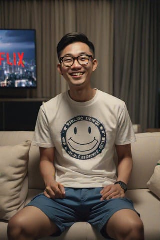 A 30-year-old Asian man wearing glasses, smile face wearing a t-shirt and shorts is sitting on the sofa in the living room of his condo, looking at the television. The picture on the television screen is the Netflix logo. Evening atmosphere. Real picture. High definition 64K Epic cinematic brilliant stunning intricate meticulously detailed dramatic atmospheric maximalist digital matte painting