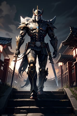 Unreal Engine 5, extreme long shot,action scene.A warrior with an eagle's head in a Japanese swordsman's uniform,holding a two-handed sword,with thunder sword , neon ambiance,abstract black oil,gear mecha,detailed acrylic,grunge,intricate complexity,rendered in unreal engine, photorealistic is walking down the steps of a Japanese temple.There are 30 steps. There is rain falling.The atmosphere is gloomy.It is raining lightly.On the side of the stairs are Japanese warriors.Lying scattered,real images,high definition,64K,Mecha body,FFIXBG