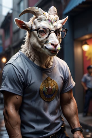 Cinematic photo Asian Goat wearing a T-shirt, wearing glasses, dressed in the style of the poor person. policeman standing in the back, Real photography, high definition, film noir atmosphere. Hyperrealistic, splash art, concept art, mid shot, intricately detailed, color depth, dramatic, 2/3 face angle, side light, colorful background