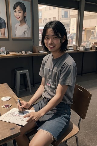 Young Asian male artist, 30 years old, wearing a gray t-shirt. Wear jeans Sketching a picture of a 10 year old Asian girl sitting in a sketch. seat opposite A little child wears a colorful cartoon patterned skirt. The sketch shows a girl sitting as a model. The young man's surroundings were filled with sketches of various people's faces in picture frames. It was evening. The location was in a flea market with people walking around. Happy atmosphere, realistic images, high definition 64K