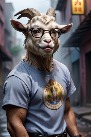 Cinematic photo Asian Goat wearing a T-shirt, wearing glasses, dressed in the style of the poor person. policeman standing in the back, Real photography, high definition, film noir atmosphere. Hyperrealistic, splash art, concept art, mid shot, intricately detailed, color depth, dramatic, 2/3 face angle, side light, colorful background