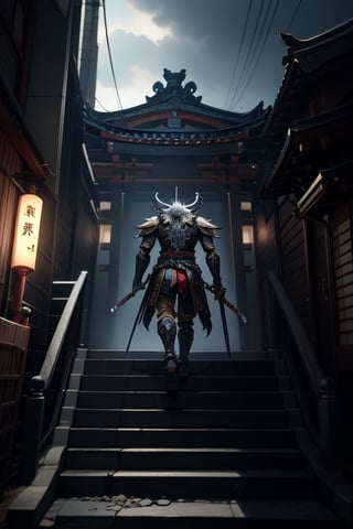 Unreal Engine 5, extreme long shot,action scene.A warrior with an eagle's head in a Japanese swordsman's uniform,holding a two-handed sword,with thunder sword , neon ambiance,abstract black oil,gear mecha,detailed acrylic,grunge,intricate complexity,rendered in unreal engine, photorealistic is walking down the steps of a Japanese temple.There are 30 steps. There is rain falling.The atmosphere is gloomy.It is raining lightly.On the side of the stairs are Japanese warriors.Lying scattered,real images,high definition,64K,Mecha body,FFIXBG