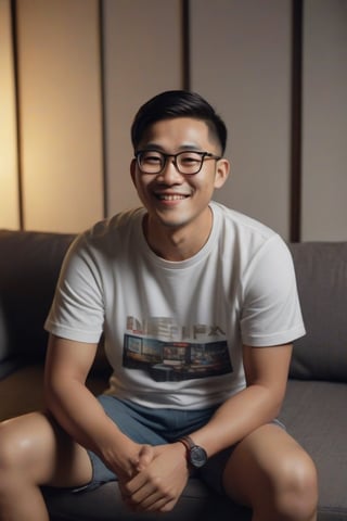 A 30-year-old Asian man wearing glasses, smile face wearing a t-shirt and shorts is sitting on the sofa in the living room of his condo, looking at the television. The picture on the television screen is the Netflix logo. Evening atmosphere. Real picture. High definition 64K Epic cinematic brilliant stunning intricate meticulously detailed dramatic atmospheric maximalist digital matte painting