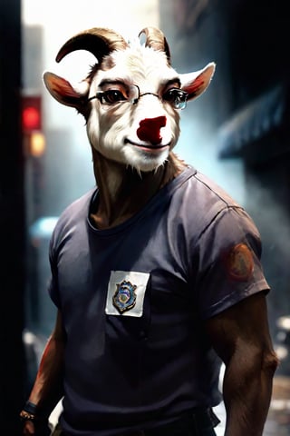 Cinematic photo Asian Goat wearing a T-shirt, wearing glasses, dressed in the style of the poor person. policeman standing in the back, Real photography, high definition, film noir atmosphere. Hyperrealistic, splash art, concept art, mid shot, intricately detailed, color depth, dramatic, 2/3 face angle, side light, colorful background