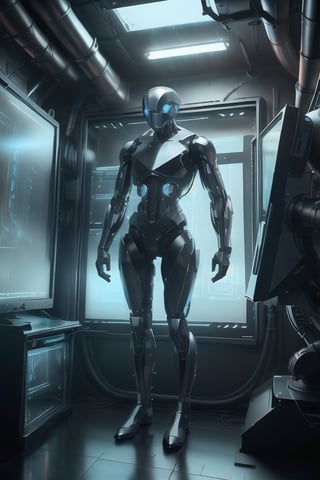 Cinematic photo of a standing cyborgs using a computer. Computer screens are holograms. Located in a military laboratory, full body, high definition, 8K images.,hackedtech,stealthtech ,hydrotech