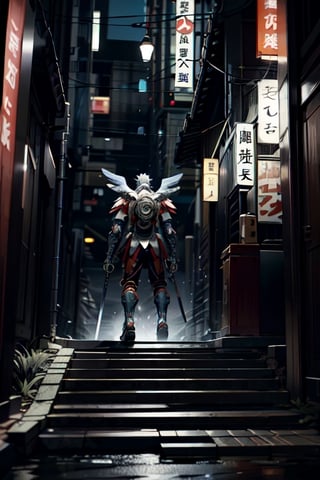 Unreal Engine 5, extreme long shot,action scene.A warrior with an eagle's head in a Japanese swordsman's uniform,holding a two-handed sword,with thunder sword , neon ambiance,abstract black oil,gear mecha,detailed acrylic,grunge,intricate complexity,rendered in unreal engine, photorealistic is walking down the steps of a Japanese temple.There are 30 steps. There is rain falling.The atmosphere is gloomy.It is raining lightly.On the side of the stairs are Japanese warriors.Lying scattered,real images,high definition,64K,Mecha body,FFIXBG