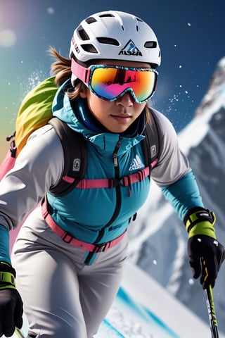 Skiing on Everest, skier skiing with mostly muted colors with a pop of color, ski vector art, Miki Asai Macro photography, close-up, hyper detailed, trending on artstation, sharp focus, studio photo, intricate details, highly detailed, by greg rutkowski Hyperrealistic, splash art, concept art, mid shot, intricately detailed, color depth, dramatic, 2/3 face angle, side light, colorful background