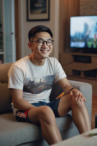 A 25-year-old Asian man wearing glasses, smile face wearing a t-shirt and shorts is sitting on the sofa in the living room of his condo, looking at the television. The picture on the television screen is the Netflix logo. Evening atmosphere. Real picture. High definition 64K Epic cinematic brilliant stunning intricate meticulously detailed dramatic atmospheric maximalist digital matte painting