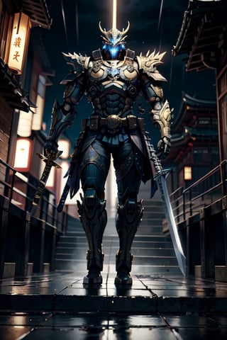 Unreal Engine 5, extreme long shot,action scene.A warrior with an eagle's head in a Japanese swordsman's uniform,holding a two-handed sword,with thunder sword , neon ambiance,abstract black oil,gear mecha,detailed acrylic,grunge,intricate complexity,rendered in unreal engine, photorealistic is walking down the steps of a Japanese temple.There are 30 steps. There is rain falling.The atmosphere is gloomy.It is raining lightly.On the side of the stairs are Japanese warriors.Lying scattered,real images,high definition,64K,Mecha body,FFIXBG