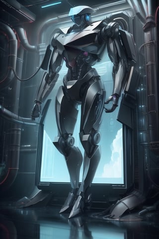 Cinematic photo of a standing cyborgs using a computer. Computer screens are holograms. Located in a military laboratory, full body, high definition, 8K images.,hackedtech,stealthtech ,hydrotech