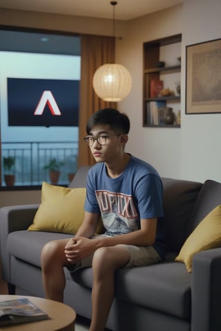 A 20-year-old Asian man wearing glasses, wearing a t-shirt and shorts is sitting on the sofa in the living room of his condo, looking at the television. The picture on the television screen is the Netflix logo. Evening atmosphere. Real picture. High definition 64K Epic cinematic brilliant stunning intricate meticulously detailed dramatic atmospheric maximalist digital matte painting