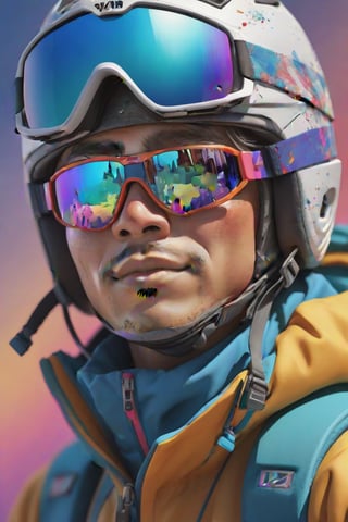 Skiing on Everest, skier skiing with mostly muted colors with a pop of color, ski vector art, Miki Asai Macro photography, close-up, hyper detailed, trending on artstation, sharp focus, studio photo, intricate details, highly detailed, by greg rutkowski Hyperrealistic, splash art, concept art, mid shot, intricately detailed, color depth, dramatic, 2/3 face angle, side light, colorful background